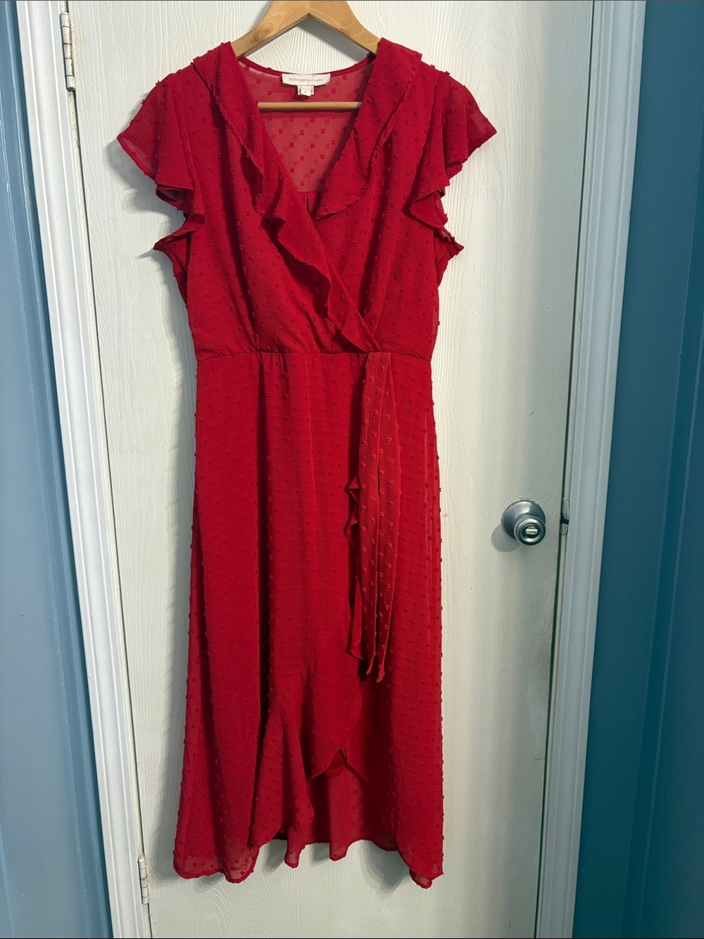 Flutter-Sleeve Red Wrap Midi Dress with Tie Waist